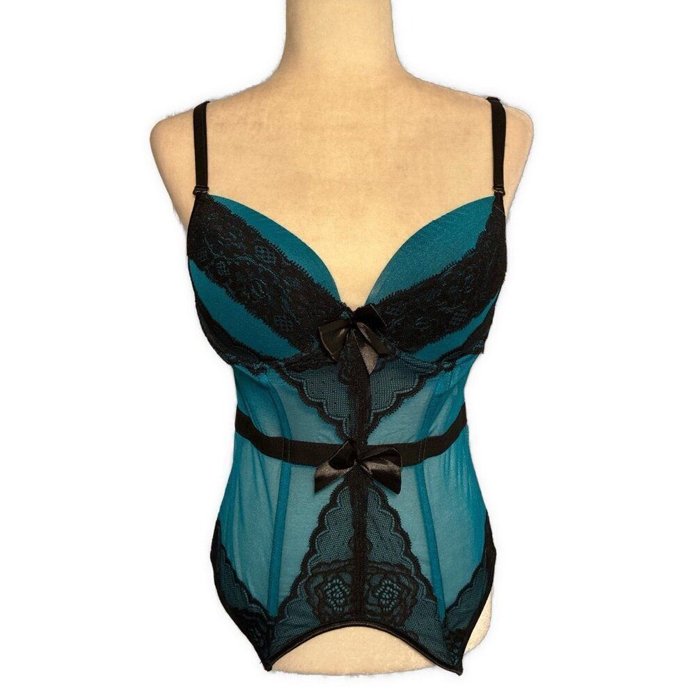 top melon lingerie Bustier Padded Push Up Teal Blue Black Lace Large
